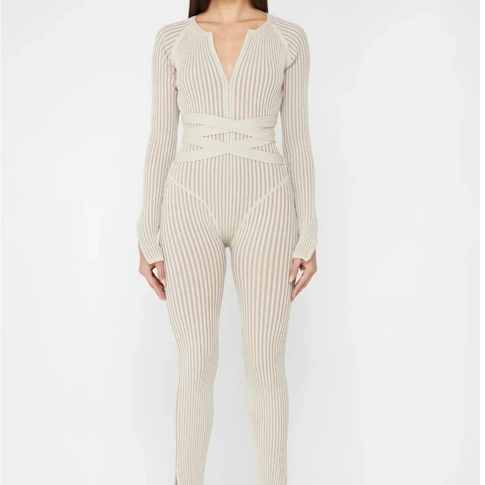 Maniere De Voir Beige Ribbed Jumpsuit